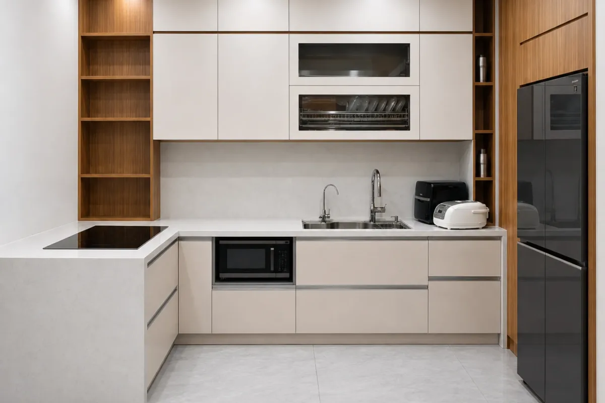 Máy rửa bát trong hệ tủ bếp inox (ảnh tạm, sẽ thay bằng ảnh thiết bị thật)