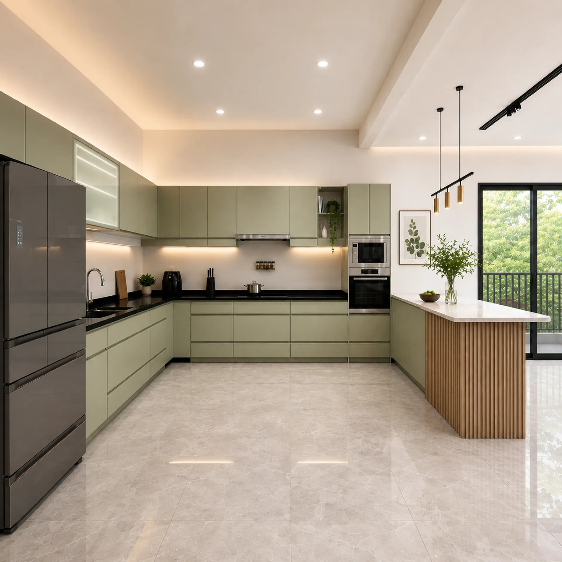 Không gian bếp gọn gàng với hệ tủ thép không gỉ